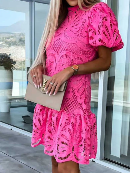 Lace mock neck puff sleeve dress by Trendsi featuring intricate lace details and a feminine silhouette.