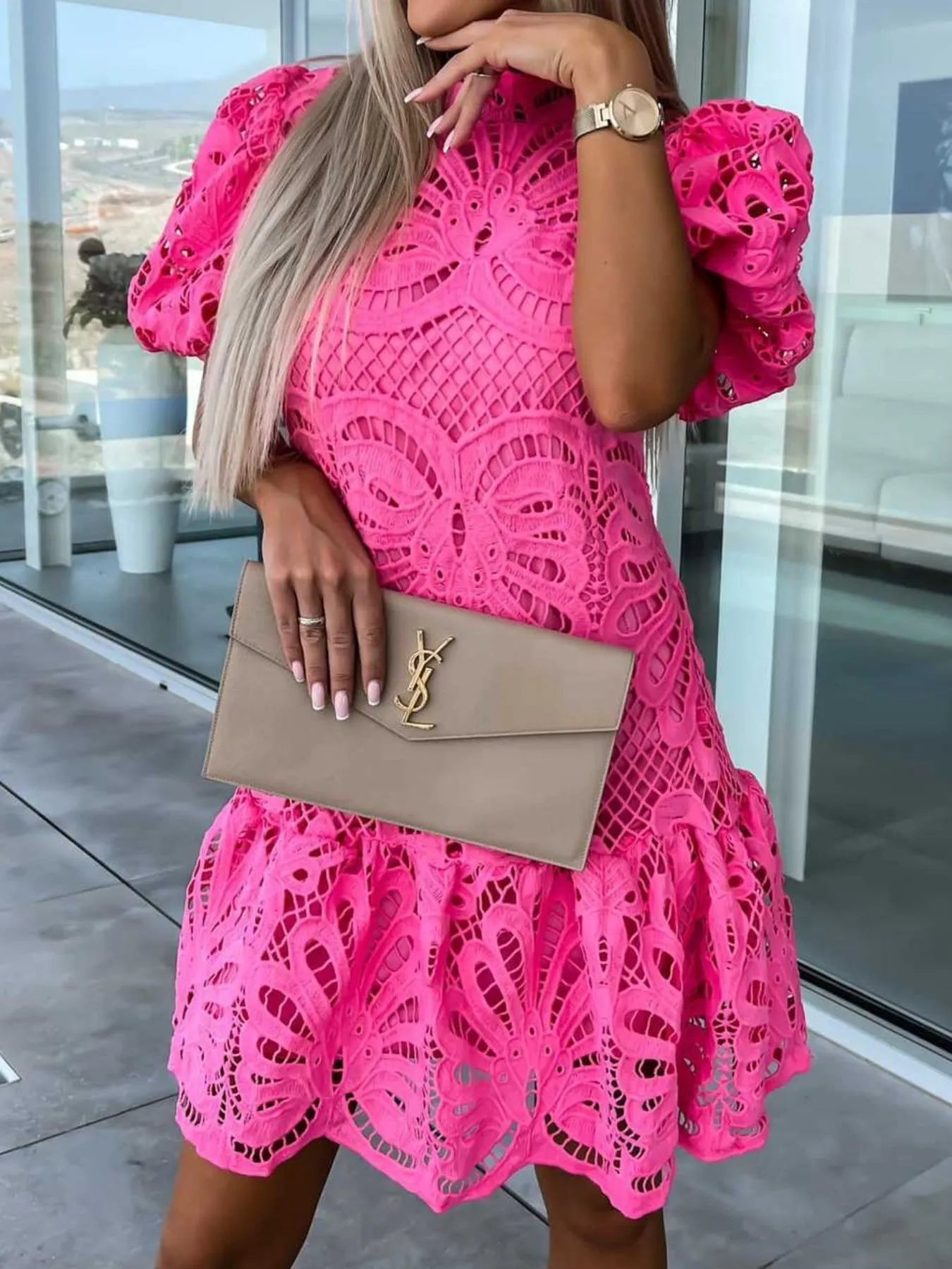 Lace mock neck puff sleeve dress by Trendsi featuring intricate lace fabric, high neckline, and voluminous puff sleeves.