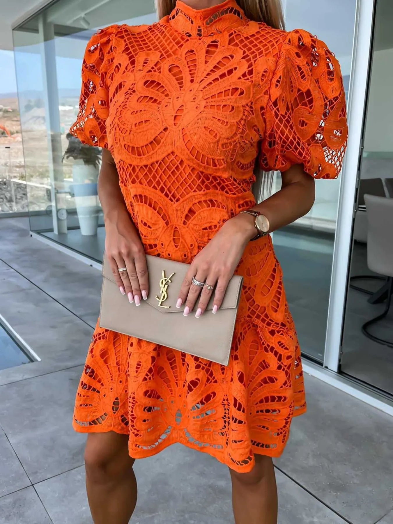 Lace mock neck puff sleeve dress by Trendsi featuring intricate lace fabric, puffed sleeves, and a fitted silhouette.