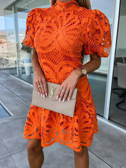Lace mock neck puff sleeve dress by Trendsi featuring intricate lace fabric, puffed sleeves, and a fitted silhouette.