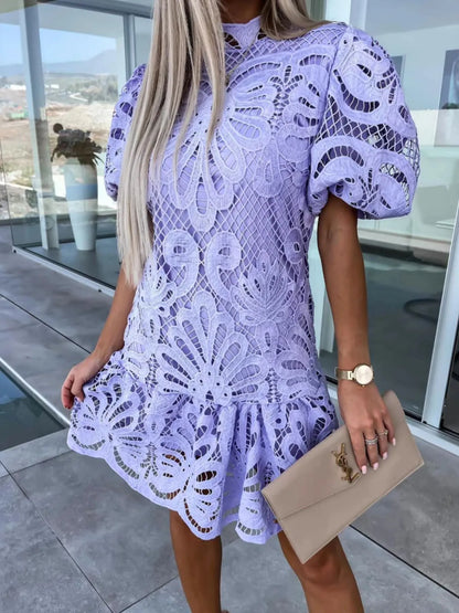 Lace mock neck puff sleeve dress by Trendsi featuring a fitted bodice, lace fabric, and voluminous puff sleeves.