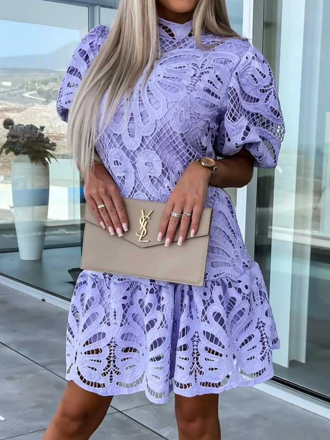 Lace mock neck puff sleeve dress by Trendsi featuring intricate lace details and a fitted silhouette.