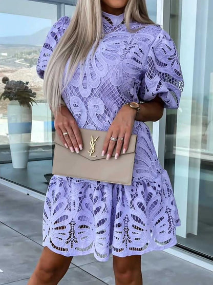 Lace mock neck puff sleeve dress by Trendsi featuring intricate lace details and a fitted silhouette.