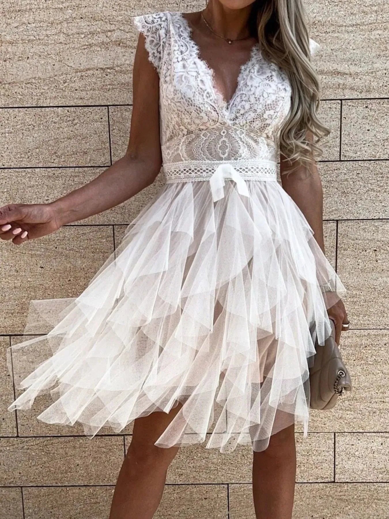 Lace V-neck ruffle dress by Trendsi featuring delicate lace fabric, V-neckline, and ruffled details on a stylish women's dress.