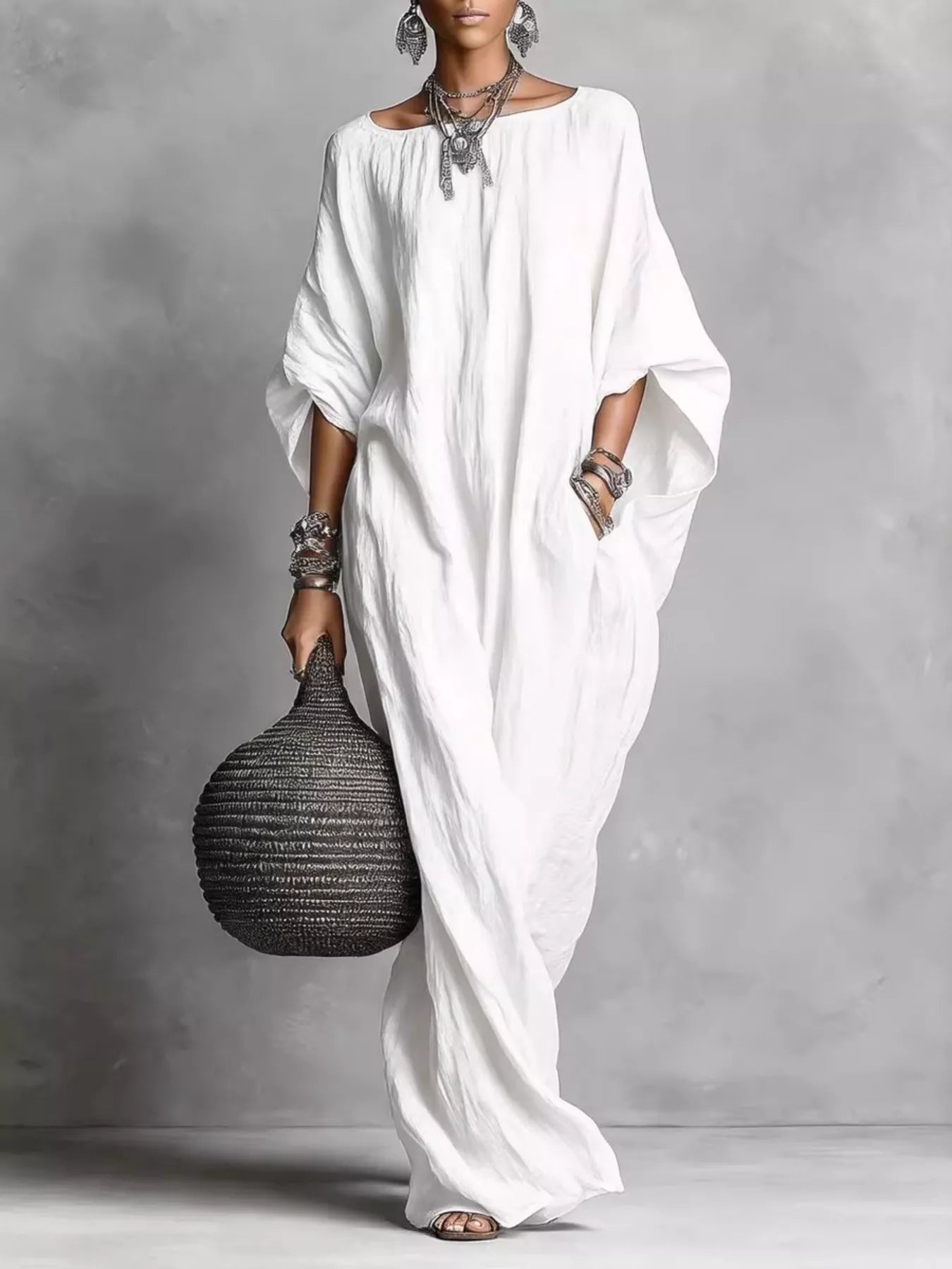 White loose fit boat neck maxi dress by Trendsi, flowing fabric, long length, and relaxed silhouette perfect for casual wear.