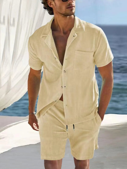 Men's white plus size short sleeve button detail top and matching shorts set by Trendsi, casual summer clothing for men.