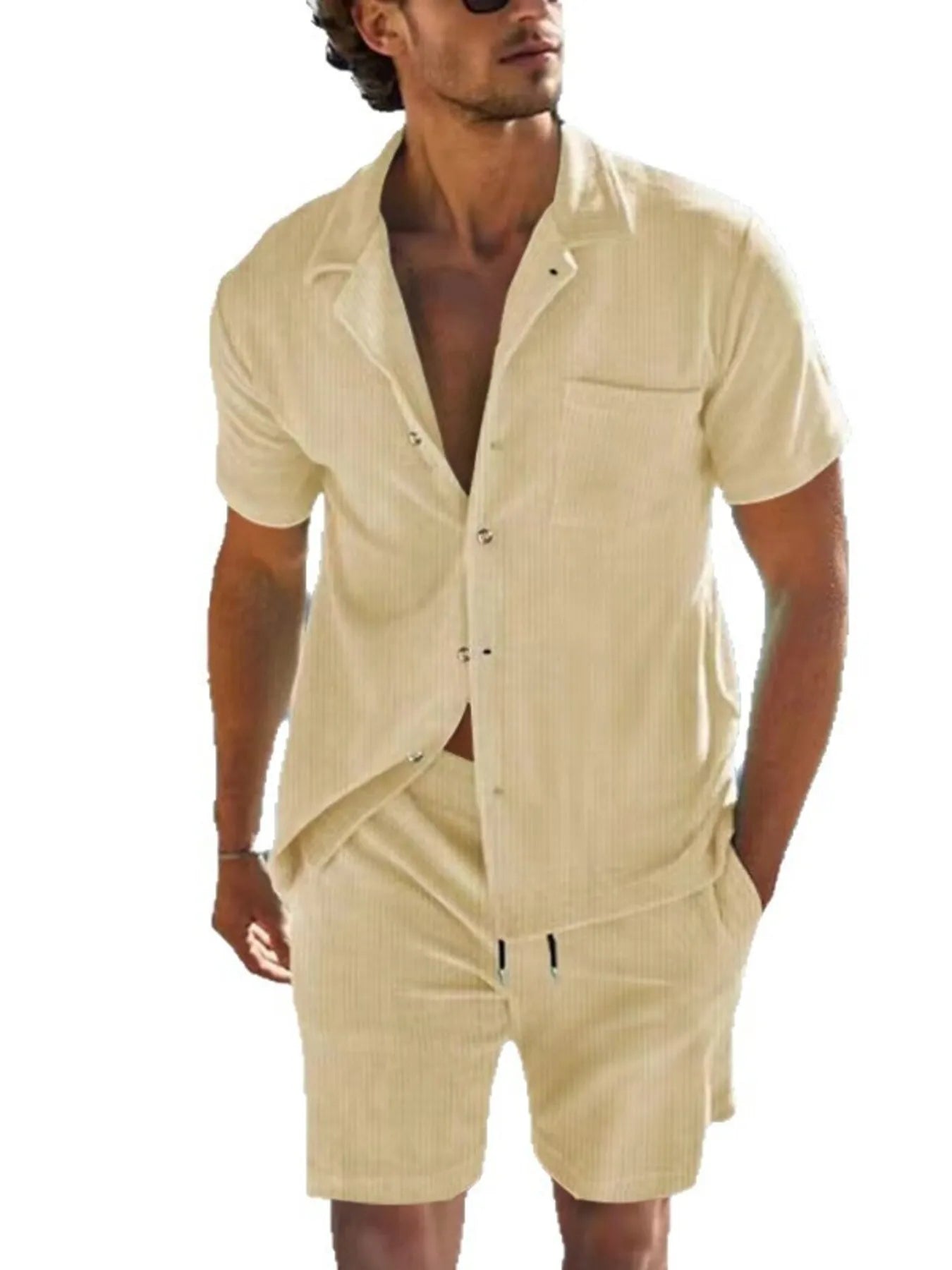 Plus size men's white short sleeve button detail top and shorts set by Trendsi, casual summer clothing for men.