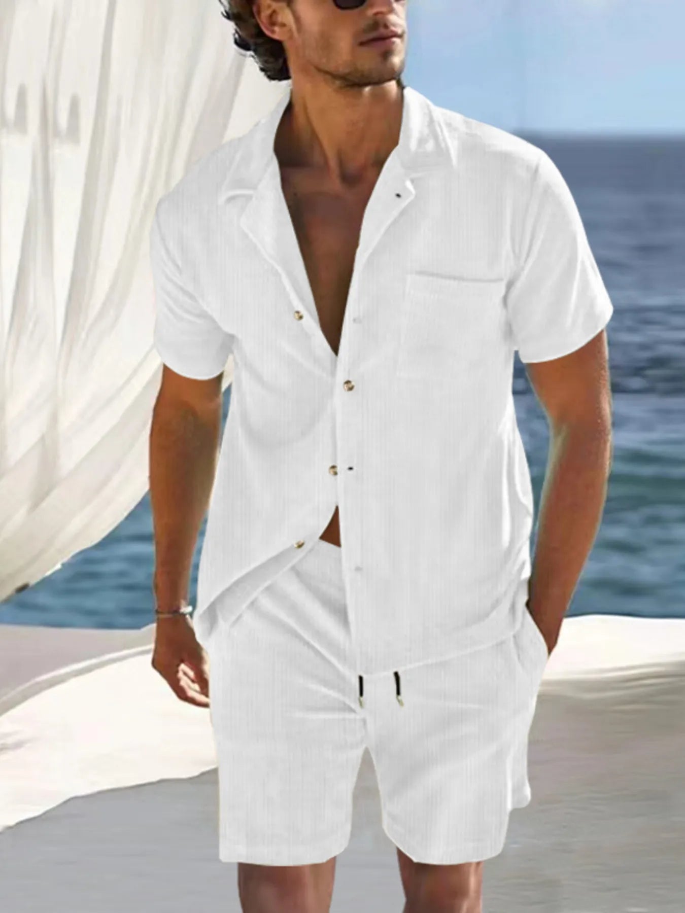 Men's white plus size short sleeve top and shorts set with button details, made by Trendsi, casual summer outfit.