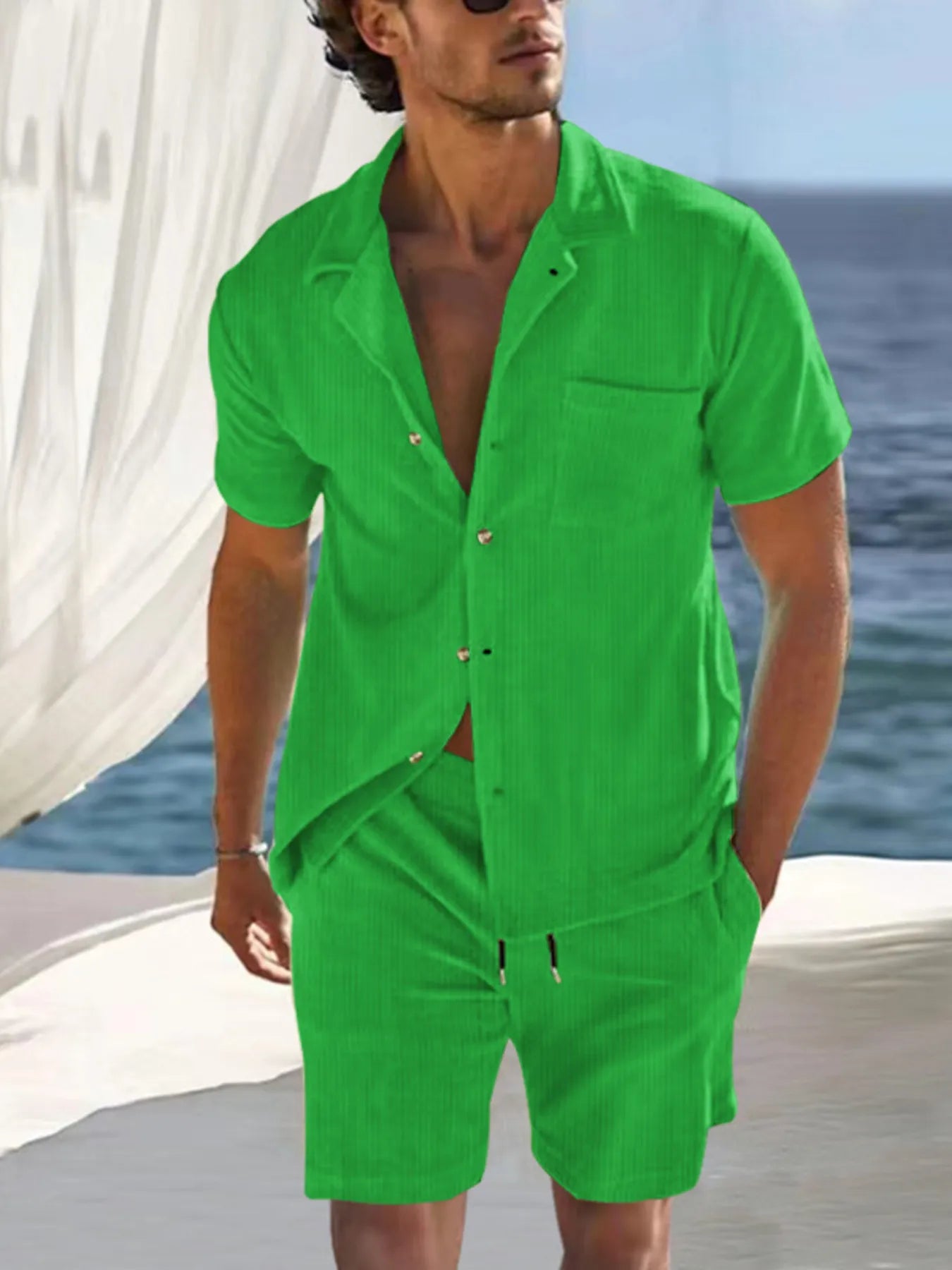 Men's white full-size button detail short sleeve top and shorts set by Trendsi, casual plus size summer outfit.