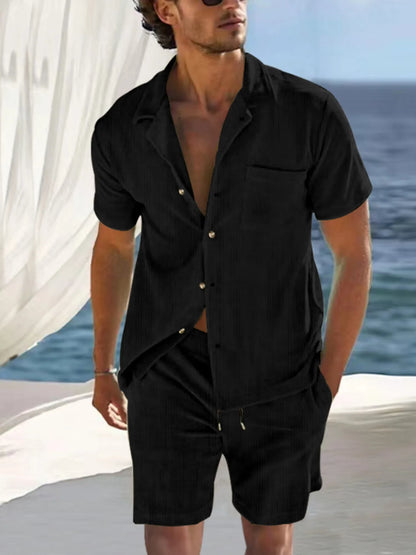 Men's full size white button detail short sleeve top and shorts set by Trendsi, casual plus size summer outfit.