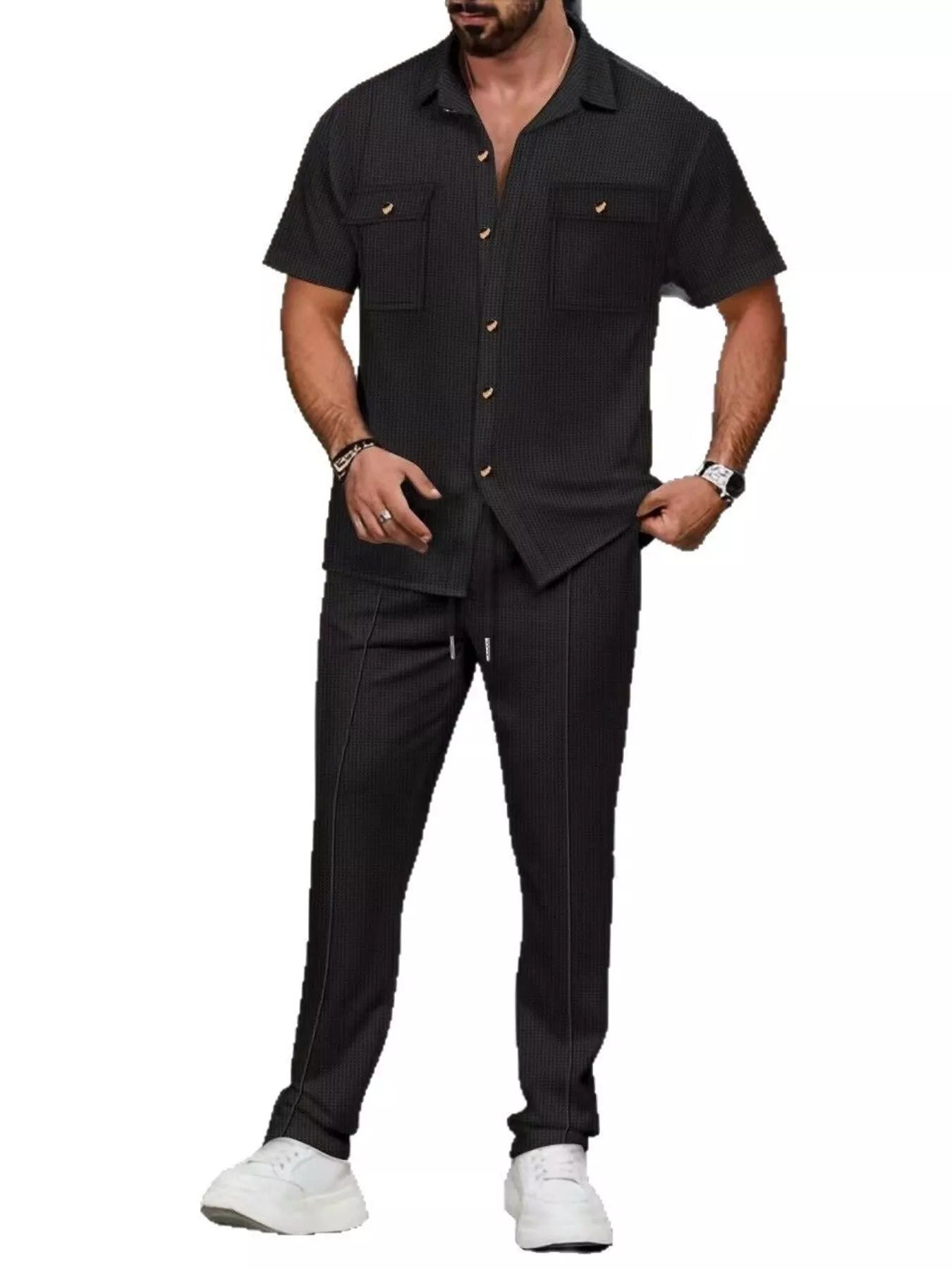 Men's white casual short sleeve shirt and pants set in plus size by Trendsi, featuring a comfortable, relaxed fit.