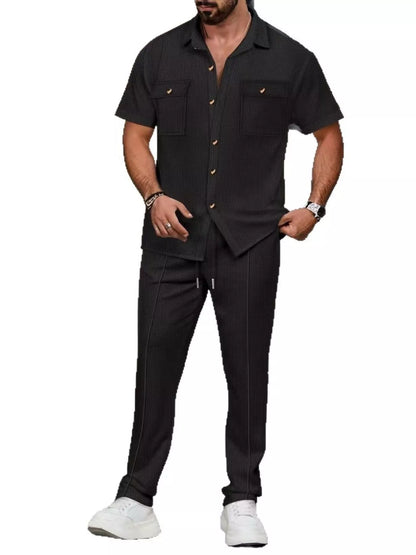 Men's white casual short sleeve shirt and pants set in plus size by Trendsi, featuring a comfortable, relaxed fit.