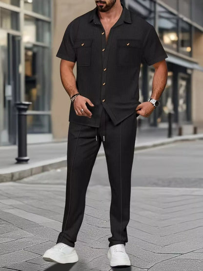 Men's plus size casual short sleeve shirt and pants set by Trendsi, white fabric, comfortable fit, perfect for everyday wear.