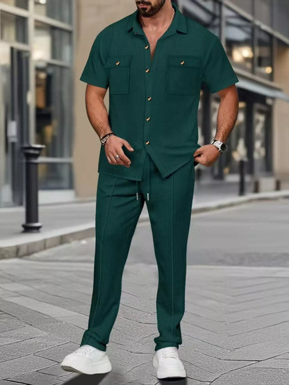 Men's white casual short sleeve shirt and pants set in plus size, by Trendsi, styled for comfortable everyday wear.