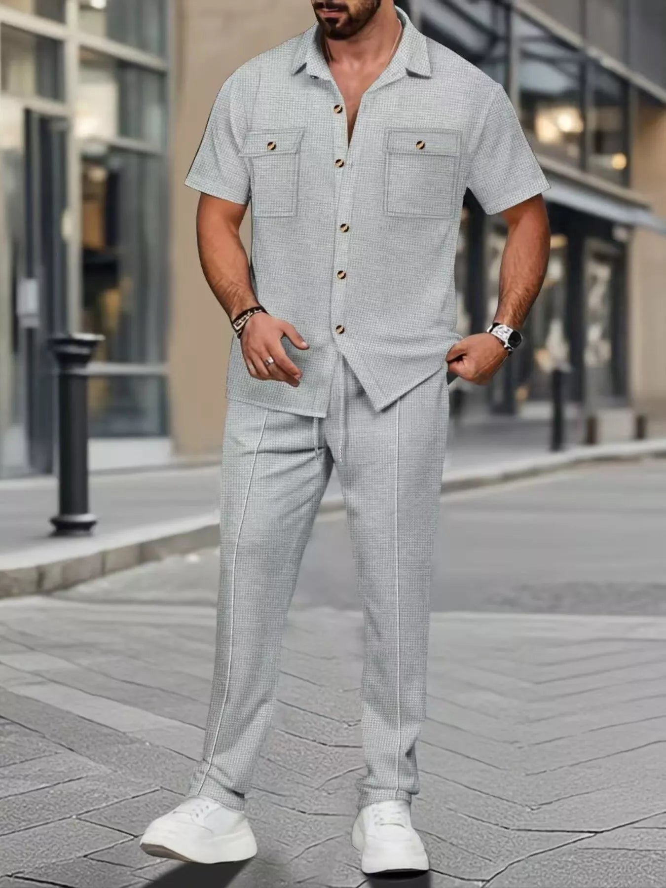 Men's full-size casual short sleeve shirt and pants set in white, trendy plus size men's clothing by Trendsi.