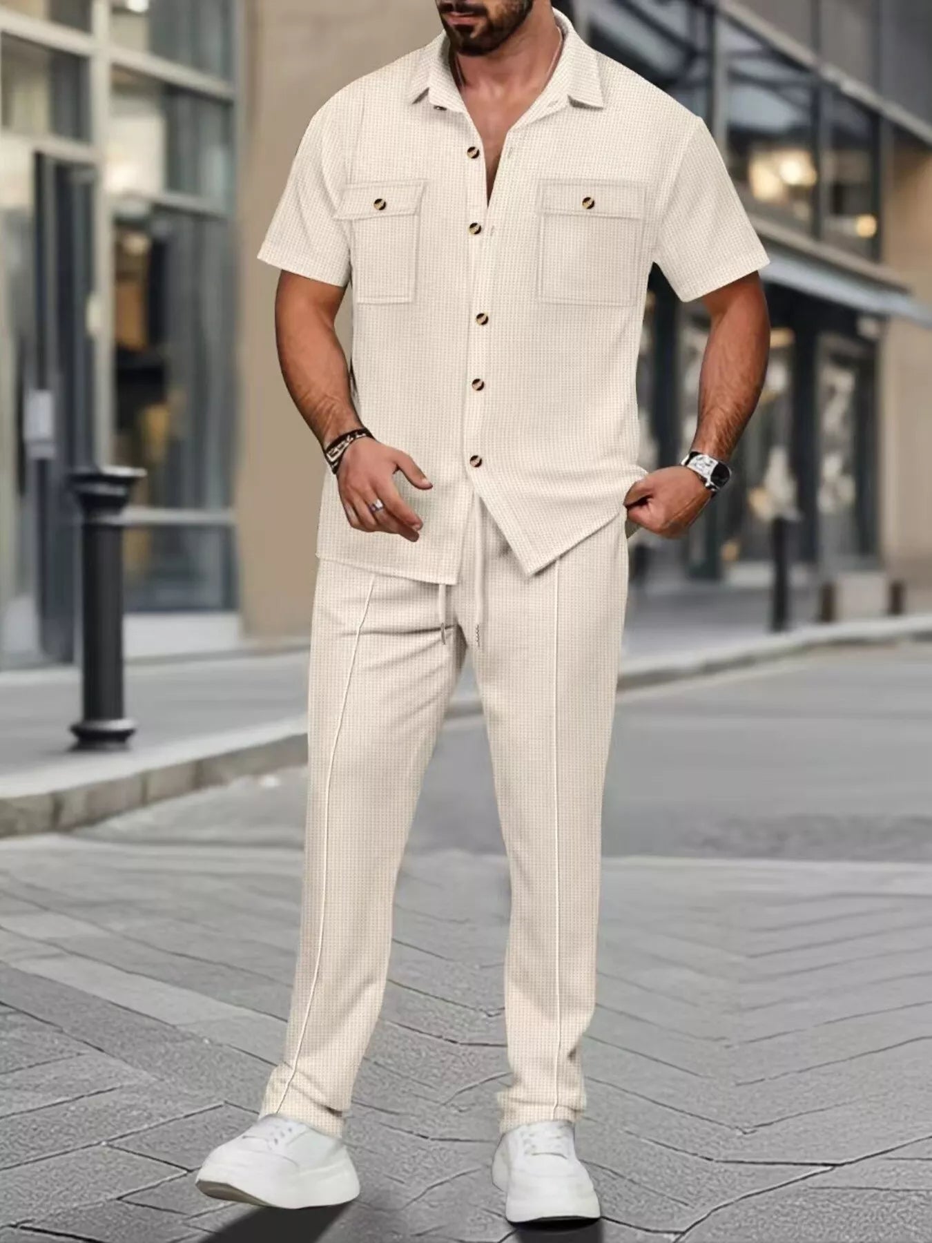 Men's casual short sleeve shirt and pants set in plus size by Trendsi, featuring a comfortable, relaxed fit in white.