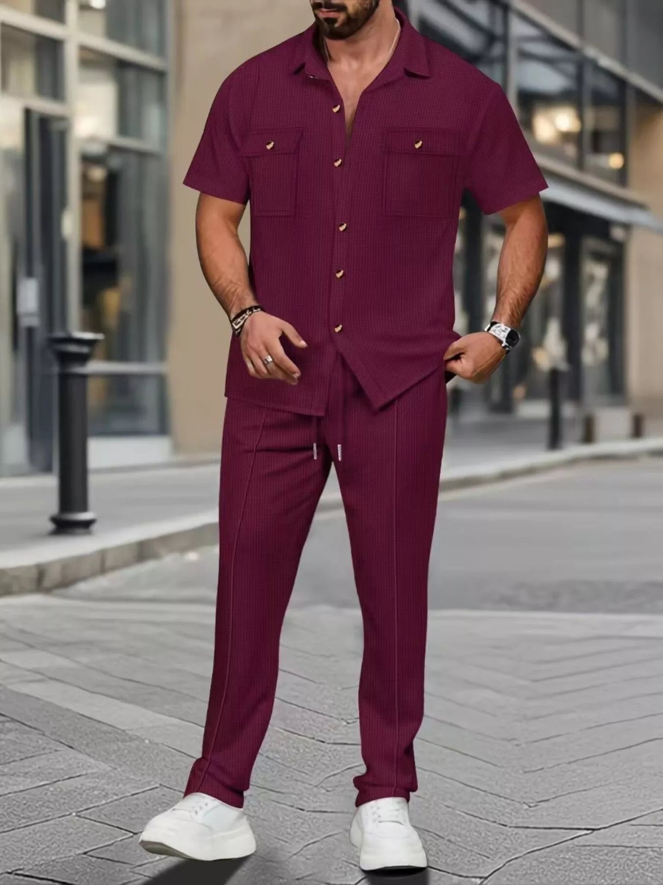 White men's casual short sleeve shirt and pants set by Trendsi, plus size, comfortable and stylish for everyday wear.