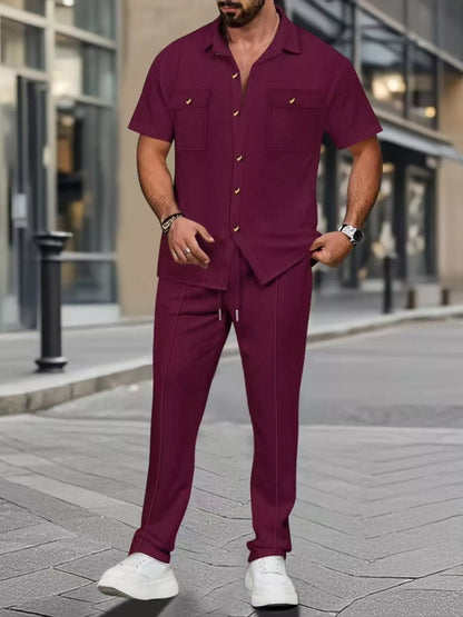 White men's casual short sleeve shirt and pants set by Trendsi, plus size, comfortable and stylish for everyday wear.