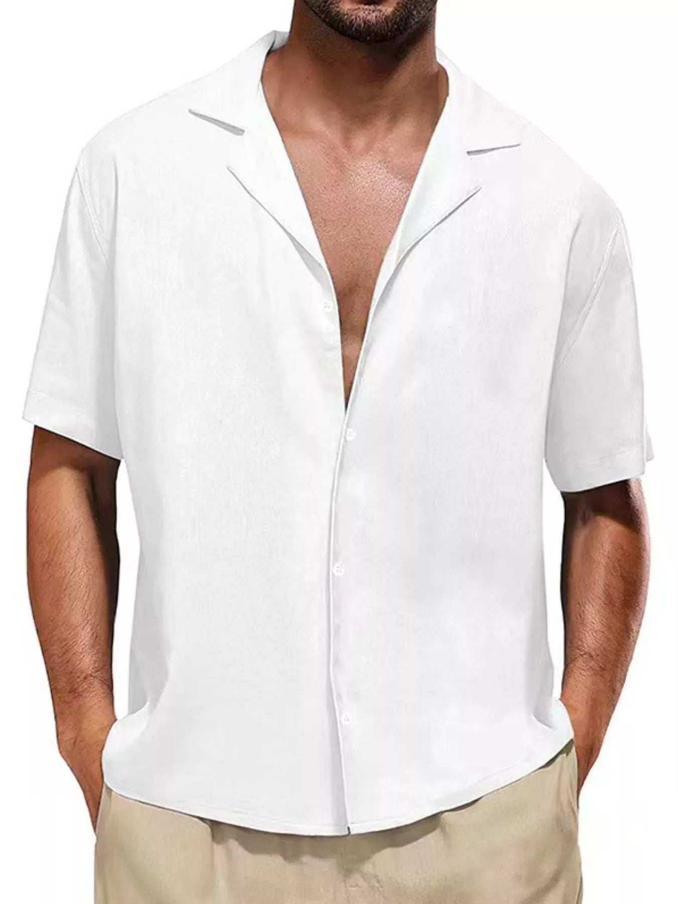 White men's full-size casual short-sleeve shirt from Trendsi, featuring a relaxed fit and classic collar style.