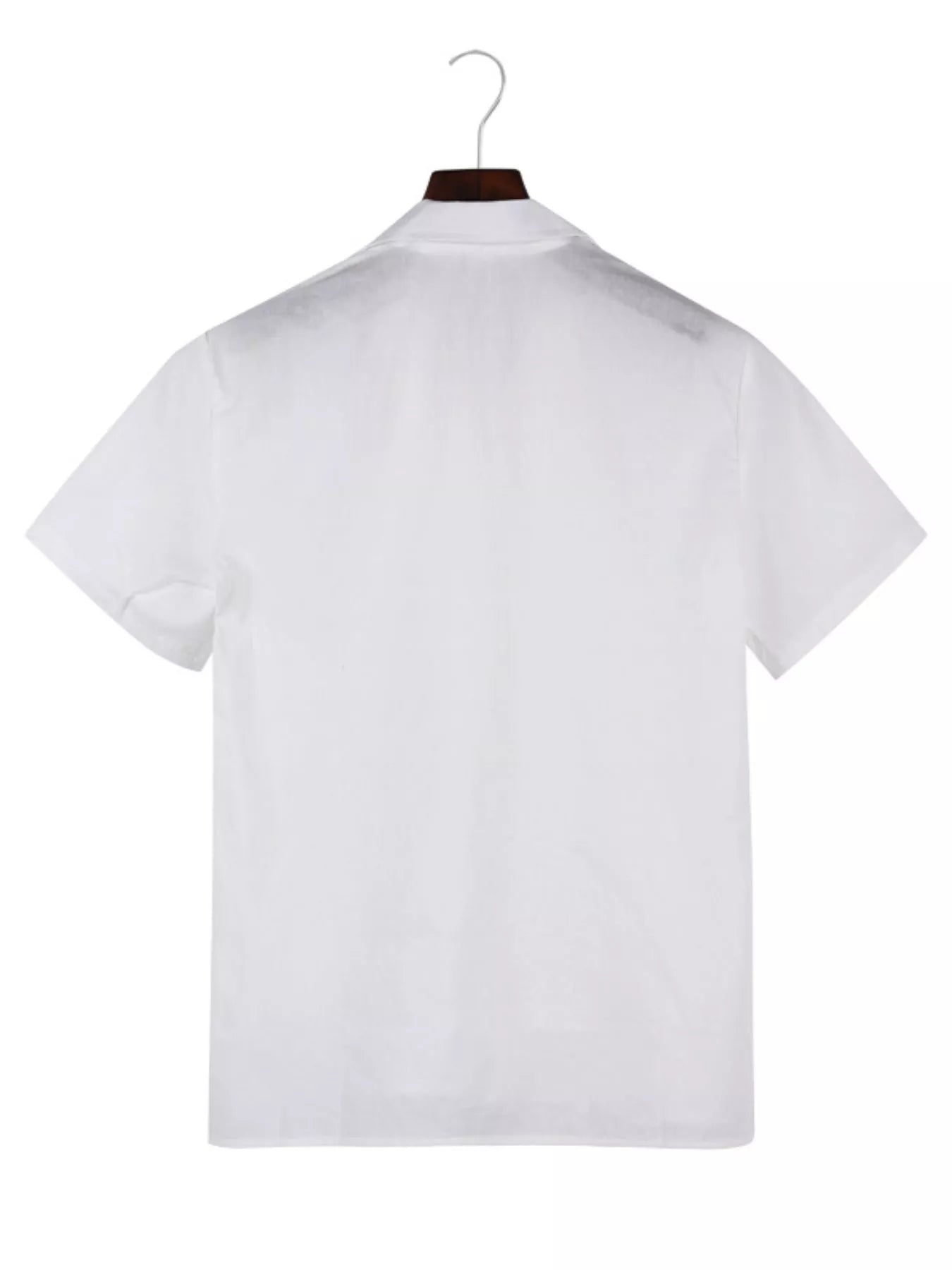 White men's full-size casual short-sleeve shirt by Trendsi, featuring a relaxed fit and classic collar, displayed on a hanger.