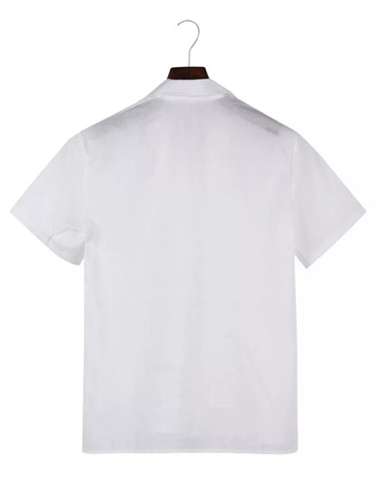 White men's full-size casual short-sleeve shirt by Trendsi, featuring a relaxed fit and classic collar, displayed on a hanger.