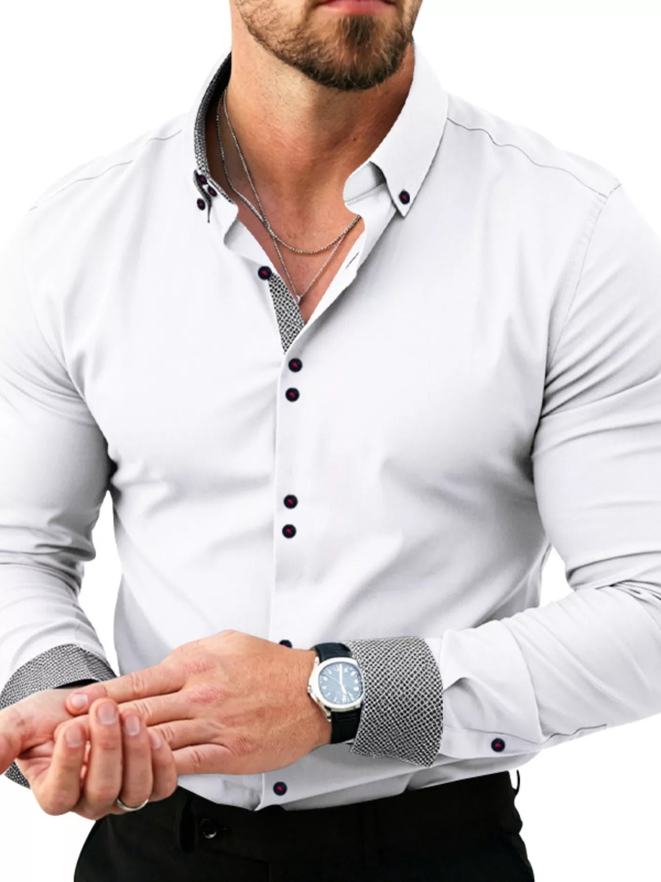 Men's full-size slim fit contrast trim shirt in white by Trendsi, featuring a stylish design and comfortable fit.