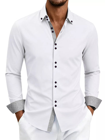 White men's full-size slim fit contrast trim shirt from Trendsi, featuring a stylish design and comfortable fit.