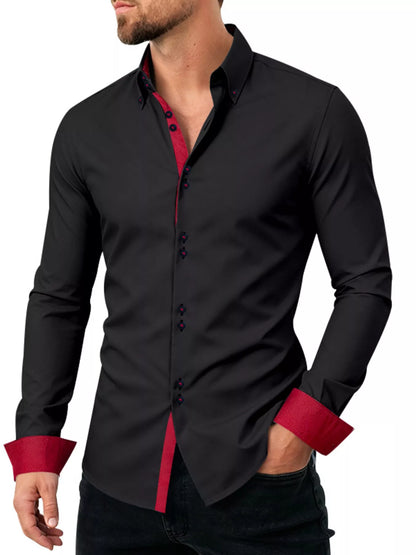 Men's white slim fit contrast trim shirt, plus size, from Trendsi, featuring a tailored design and stylish detailing.