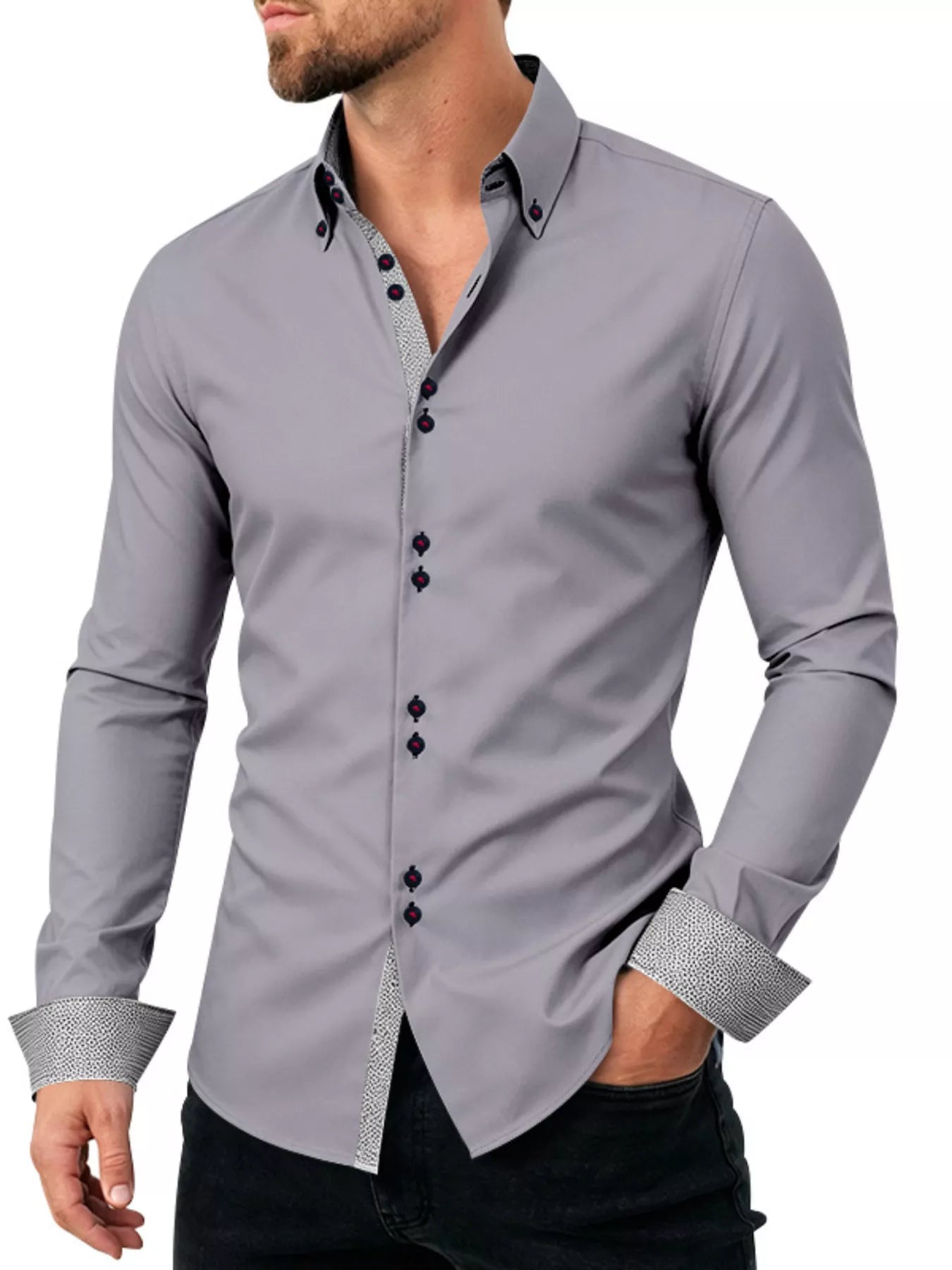 Men's white slim fit contrast trim shirt in plus size by Trendsi, showcasing front view with stylish collar and trim details.