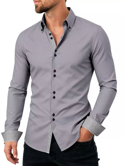 Men's white slim fit contrast trim shirt in plus size by Trendsi, showcasing front view with stylish collar and trim details.