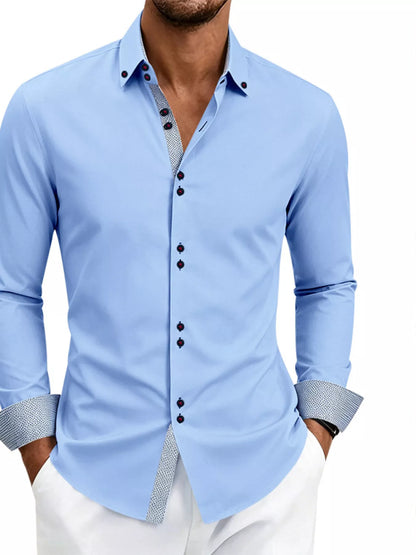 Men's white full-size slim fit contrast trim shirt by Trendsi, featuring a tailored design and plus size fit.