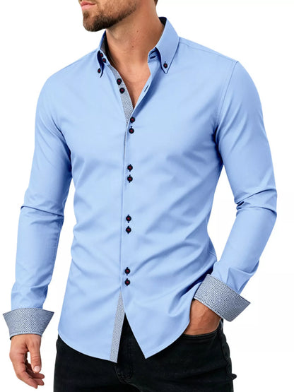 White men's full-size slim fit shirt with contrast trim, stylish plus-size men's fashion by Trendsi.