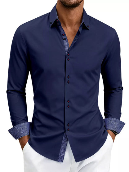 Men's full-size slim fit contrast trim shirt by Trendsi, white color, featuring a tailored design and stylish detailing.
