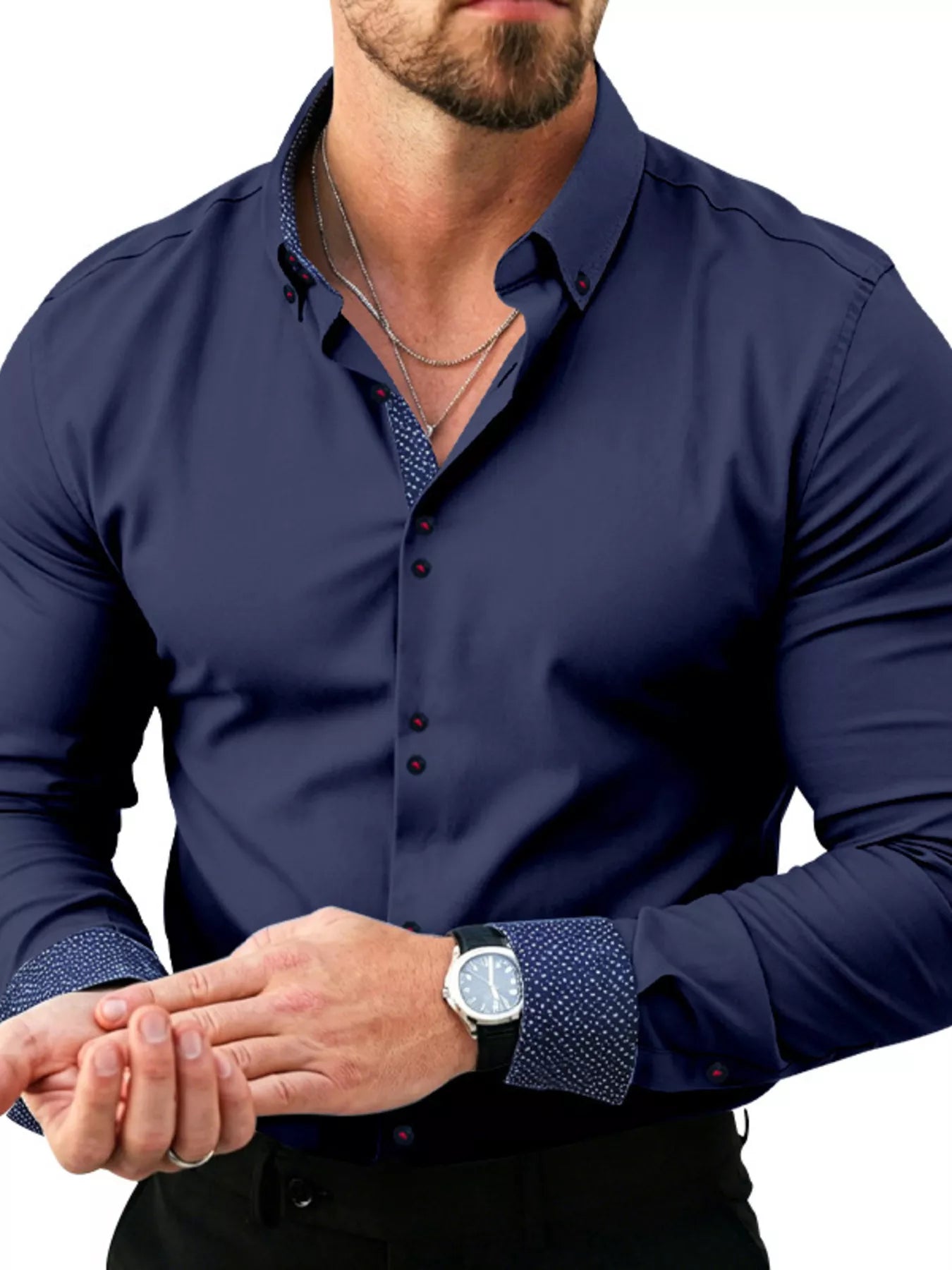 Men's full-size slim fit contrast trim shirt by Trendsi, white color, stylish and comfortable for plus size men.