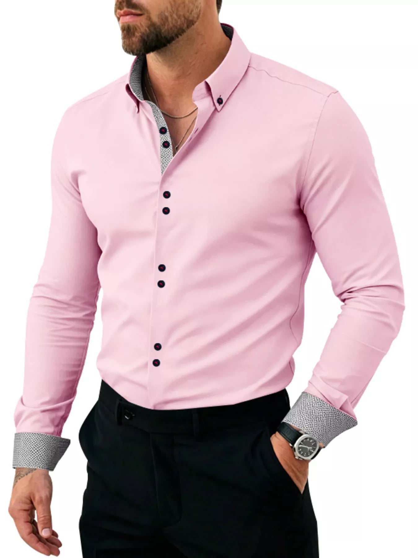 Men's full-size slim fit contrast trim shirt by Trendsi, white color, featuring a classic collar and tailored design.
