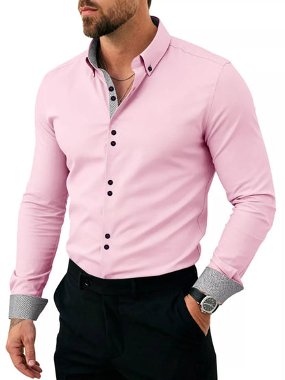 Men's full-size slim fit contrast trim shirt by Trendsi, white color, featuring a classic collar and tailored design.