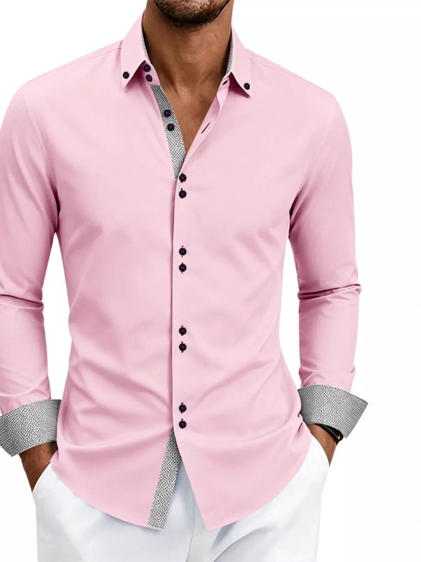 Men's full-size slim fit contrast trim shirt by Trendsi, white color, stylish design, perfect for casual or formal wear.