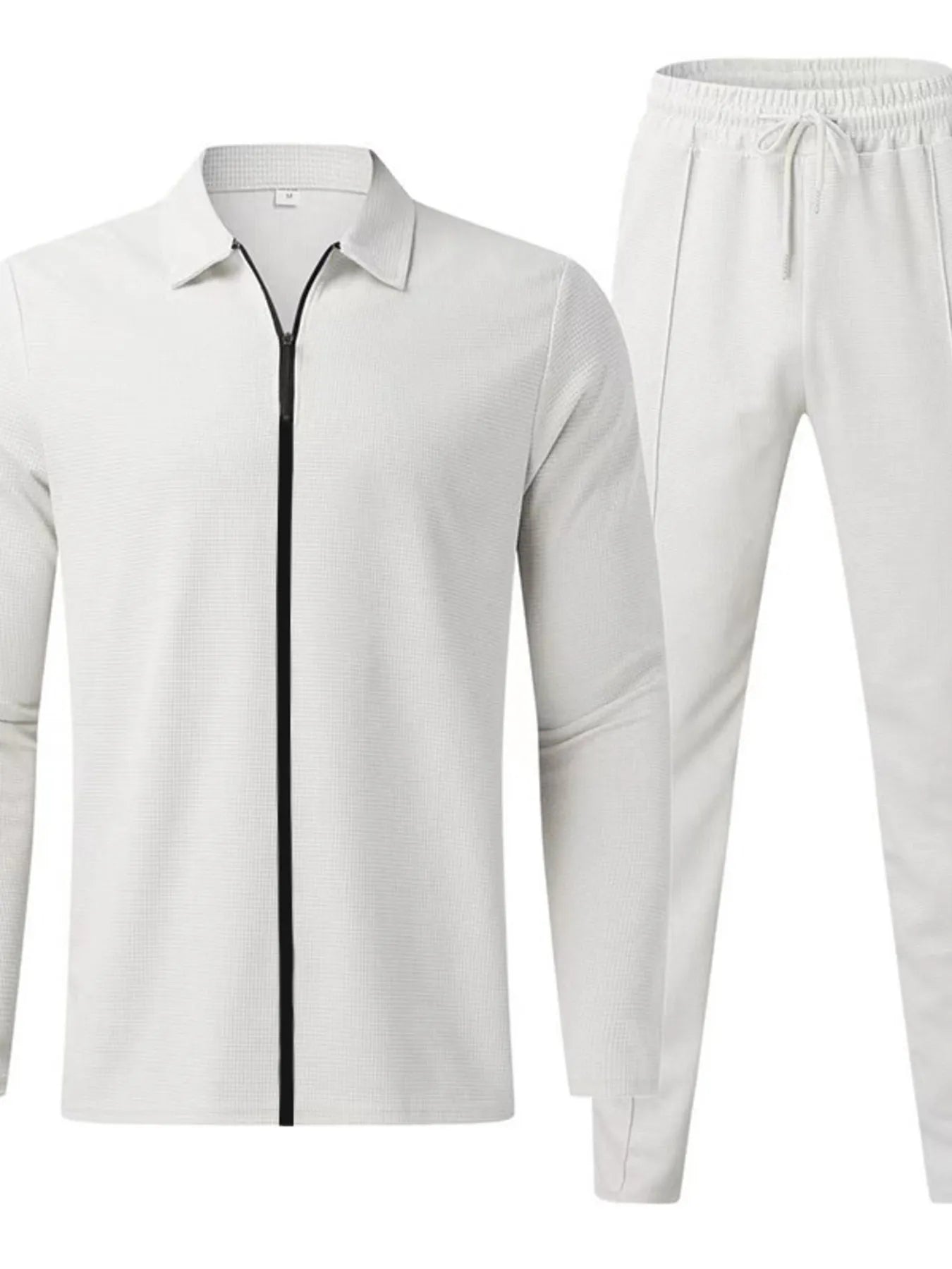 Men's white plus size zip-up top and pants set by Trendsi, casual full-body loungewear with a front zip and comfortable fit.