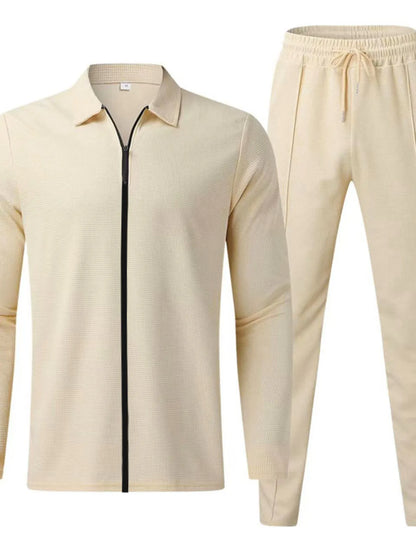 Plus size men's white zip-up top and pants set by Trendsi, casual full-zip hoodie with matching pants, comfortable and stylish.