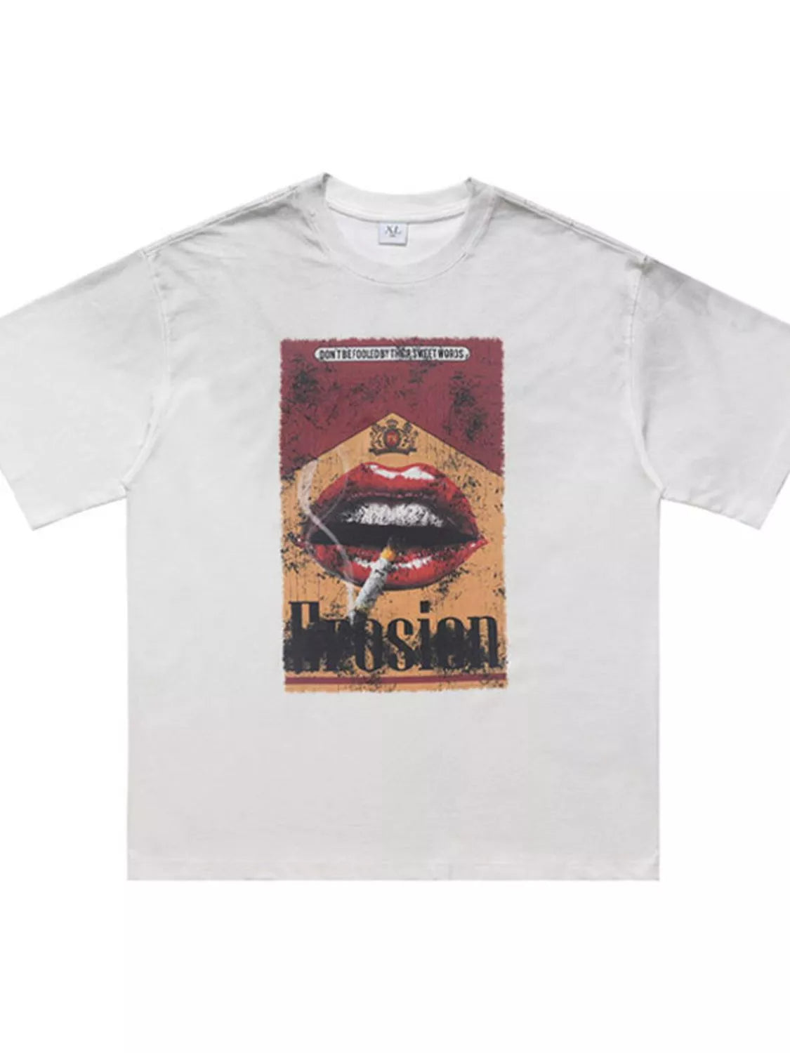 White men's graphic round neck half sleeve T-shirt by Trendsi featuring a stylish printed design on the front.