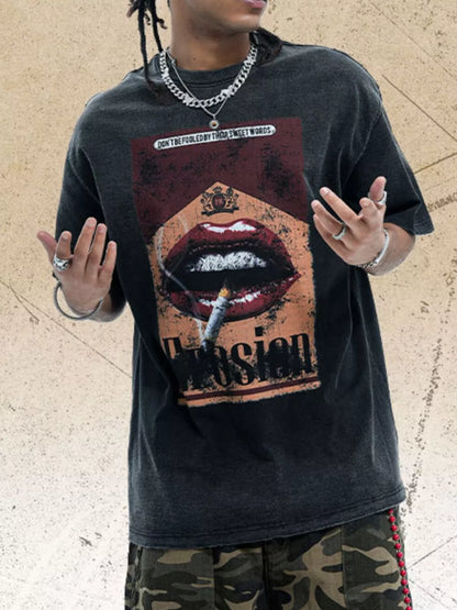 Men's white graphic round neck half sleeve T-shirt by Trendsi, featuring a bold design on the front.