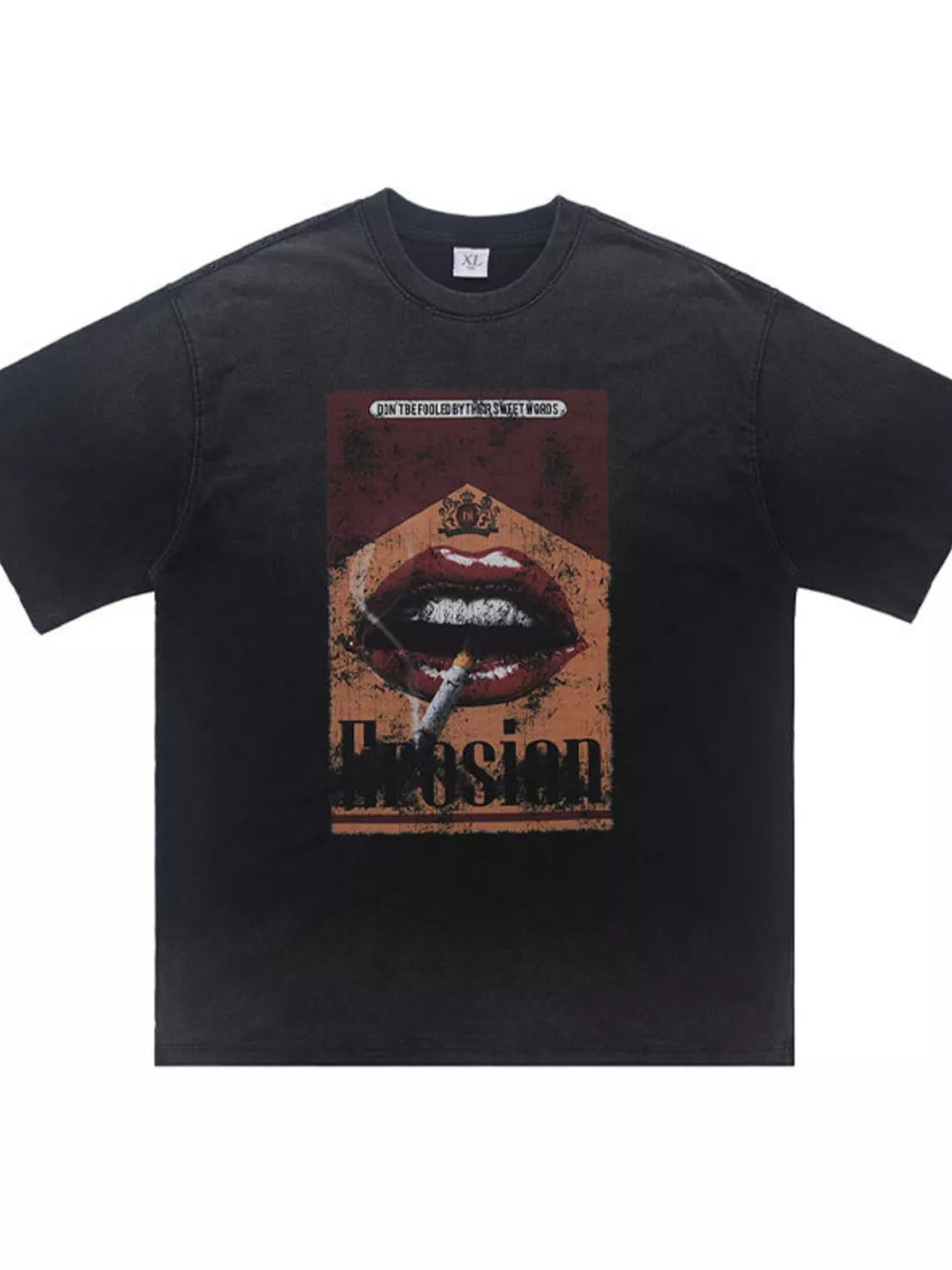 White men's graphic round neck half sleeve T-shirt by Trendsi, featuring bold graphic print on soft cotton fabric.