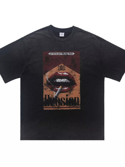White men's graphic round neck half sleeve T-shirt by Trendsi, featuring bold graphic print on soft cotton fabric.