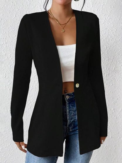 Trendsi one-button long sleeve blazer displayed on a hanger, featuring a tailored fit and classic design in a neutral color.