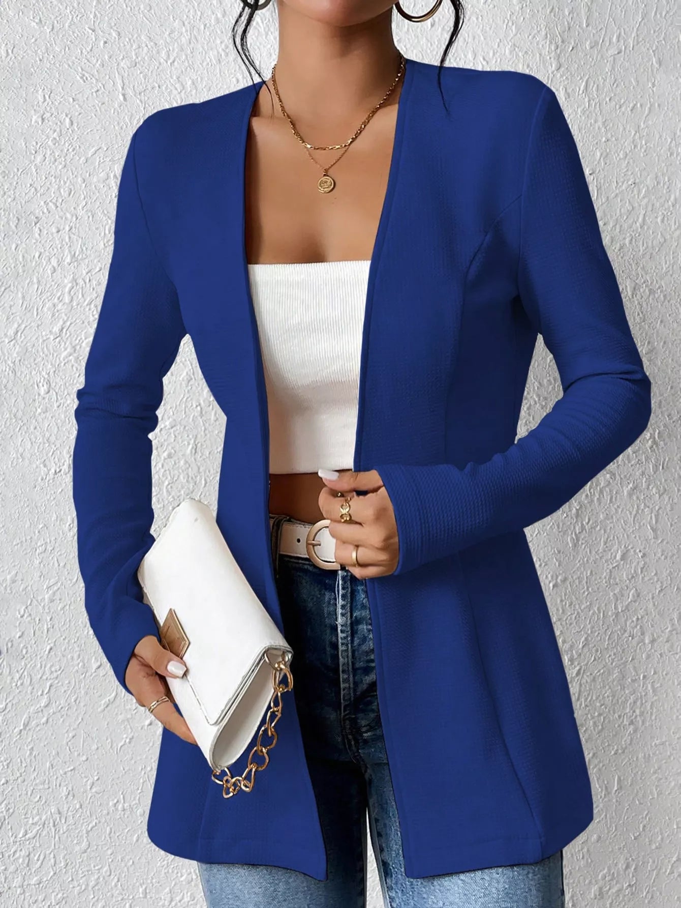 Navy one-button long sleeve blazer by Trendsi, tailored fit with sleek lapel and single front button, stylish office or casual wear.
