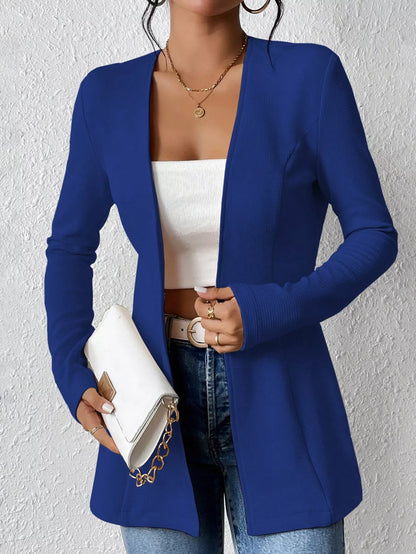 Navy one-button long sleeve blazer by Trendsi, tailored fit with sleek lapel and single front button, stylish office or casual wear.