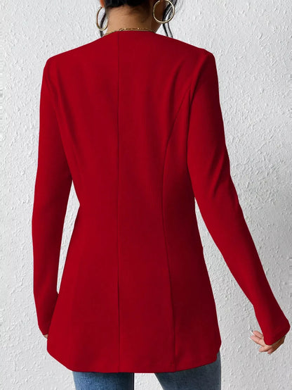 Black one-button long sleeve blazer from Trendsi, featuring a tailored fit and classic lapel, suitable for professional or casual wear.