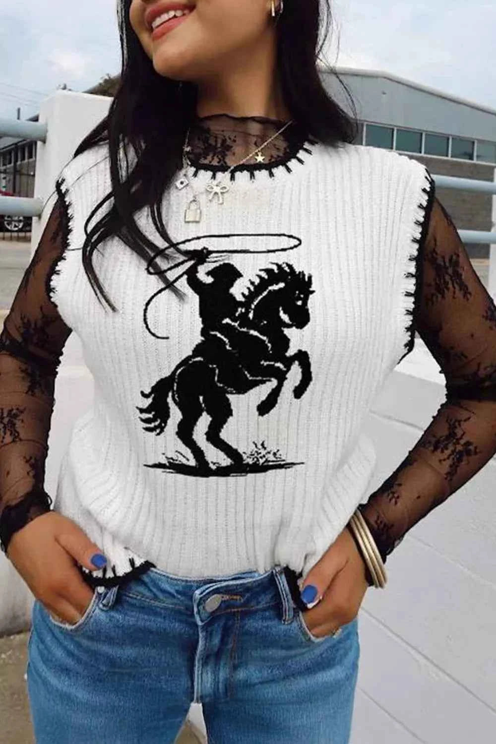 White Rodeo Cowboy Sweater Vest with contrast trim from Trendsi, featuring a classic Western-inspired design and comfortable fit.
