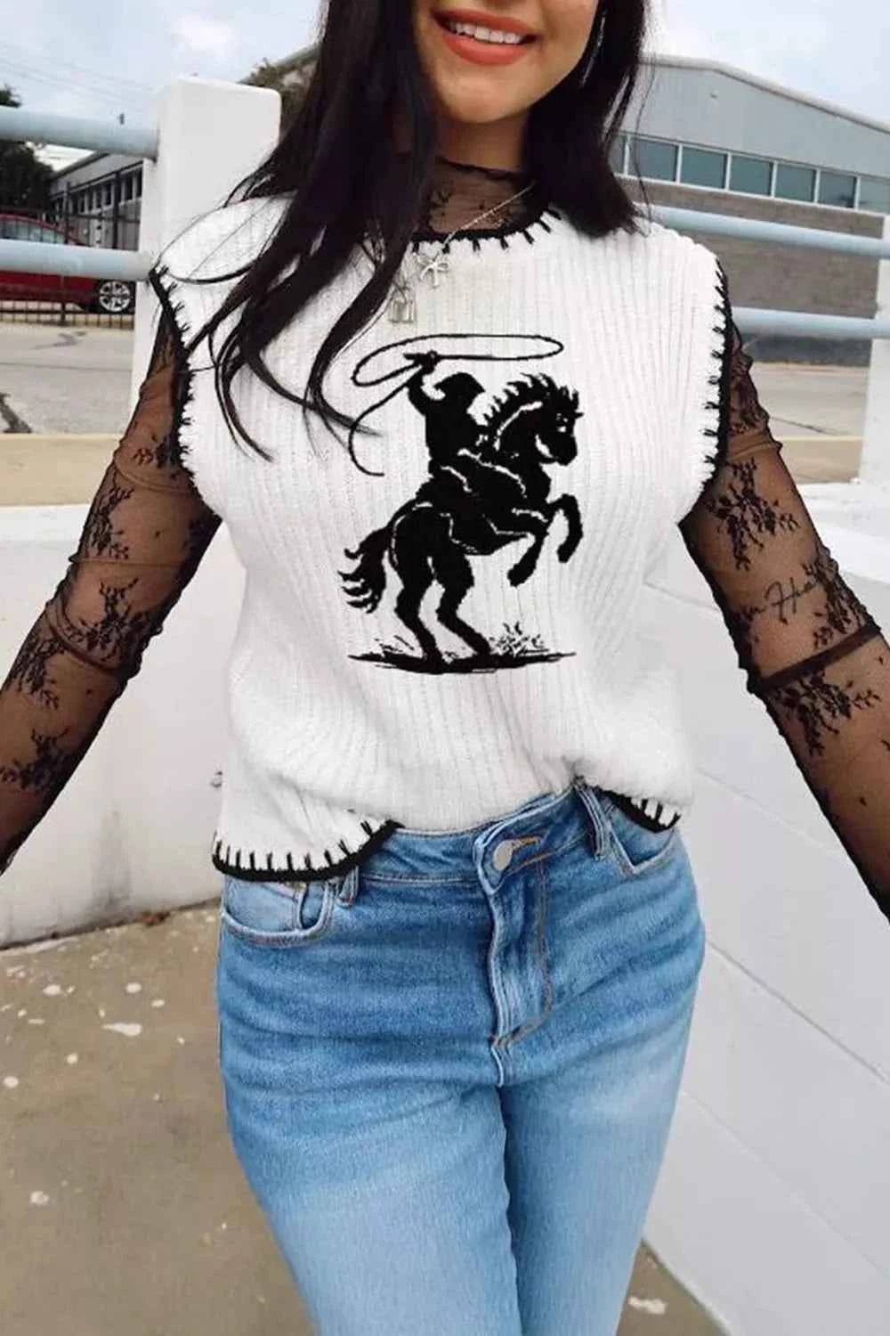 White Rodeo Cowboy Sweater Vest with contrast trim, stylish and comfortable, featuring a classic western-inspired design.