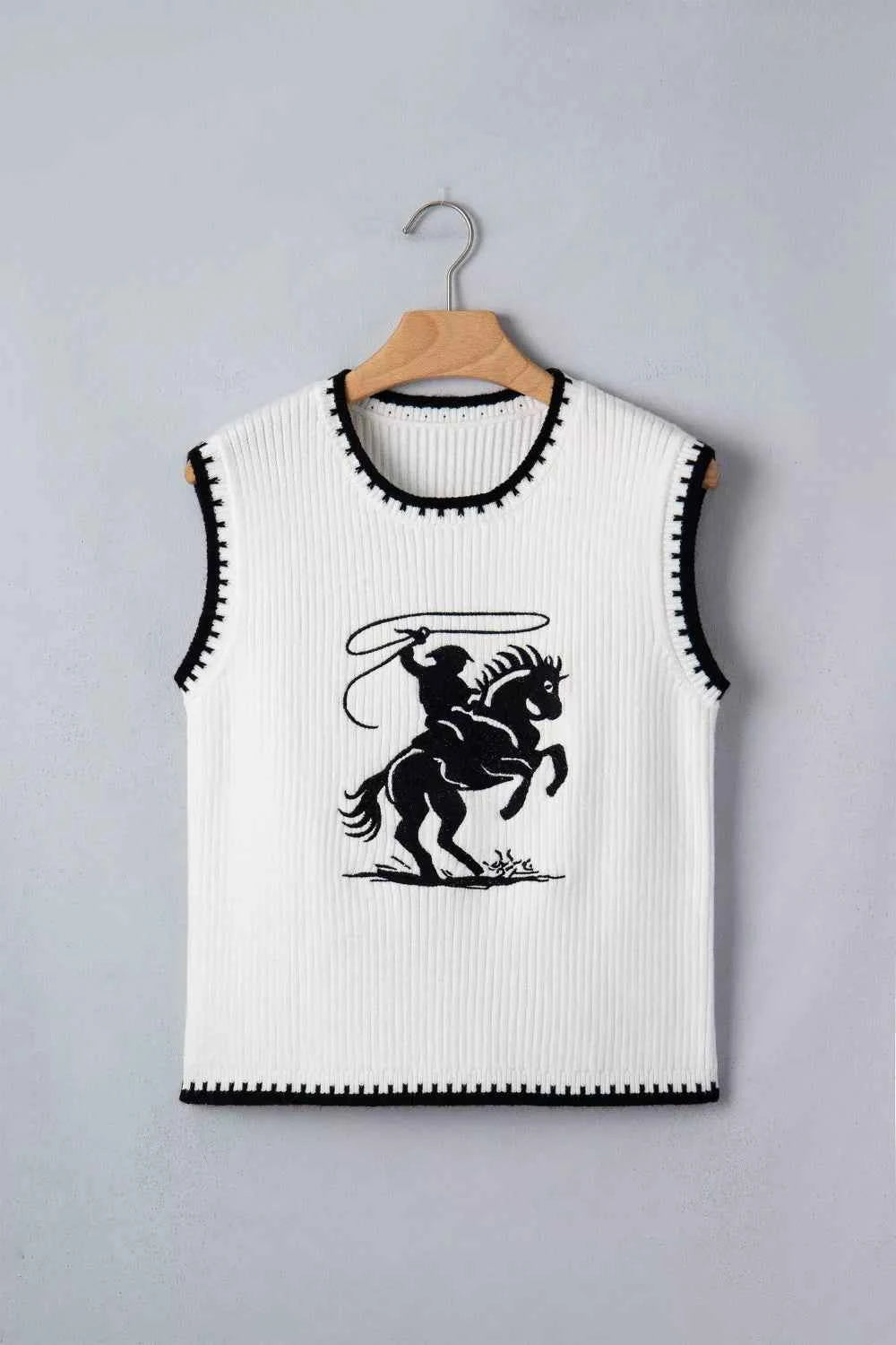 White Rodeo Cowboy Sweater Vest with contrast trim, stylish and comfortable, by Trendsi.